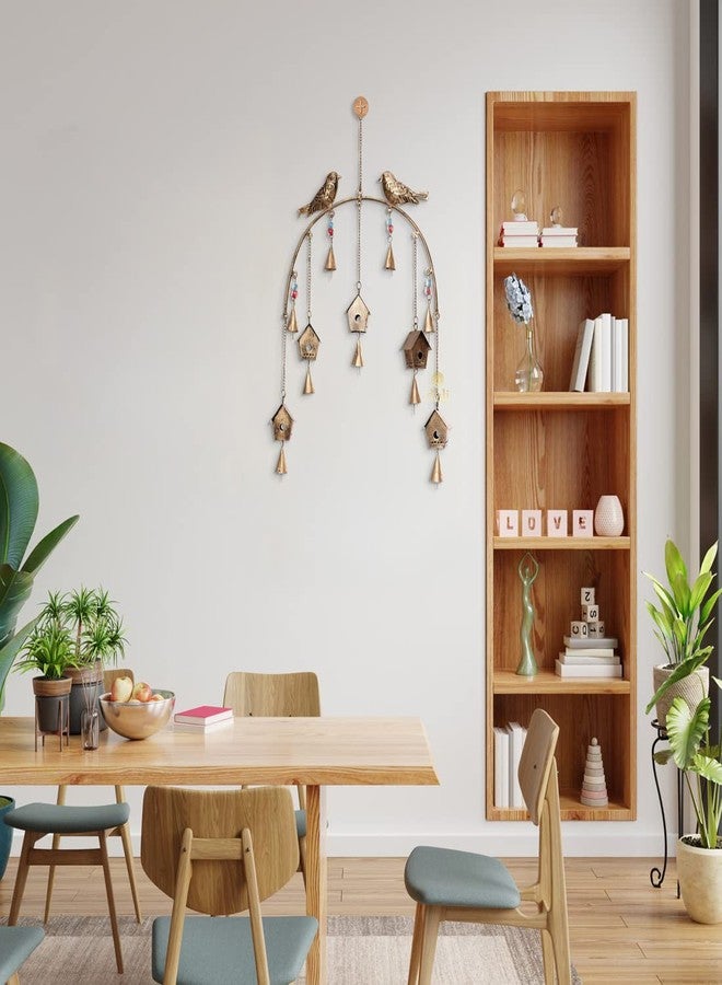 DULI دلاية جدارية معدنية ريفية من دولي على شكل جرس رياح، فنغ شوي، فن جداري، ديكور منزلي لعيد ديوالي، طاقة إيجابية (دلاية جدارية معدنية: بيت طيور)، ذهبي - Image 3